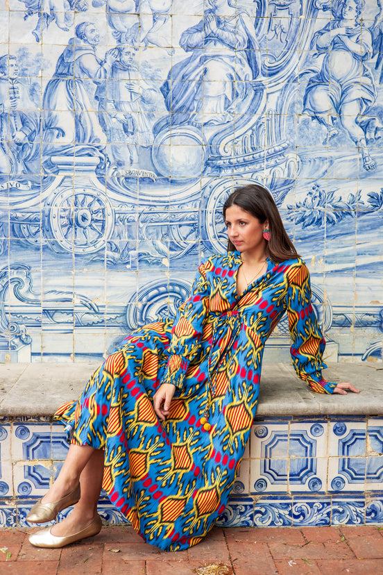 Long Sleeve Blue Ikat Dress