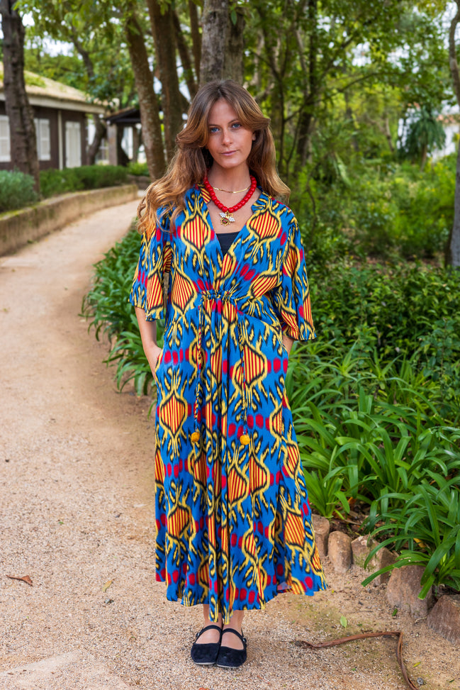 Short Sleeve Blue Ikat Dress