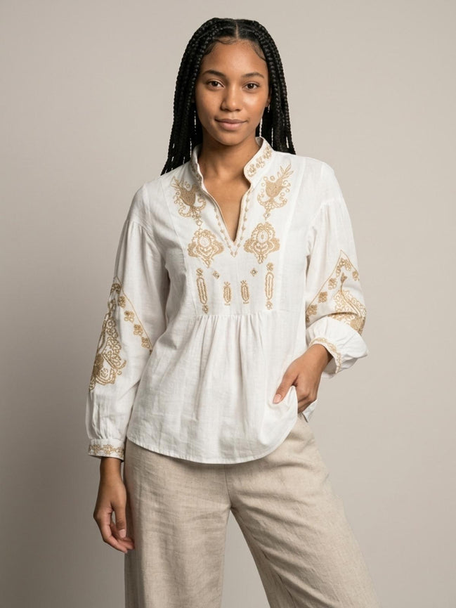 Bohemian and Bordered Cotton Blouse