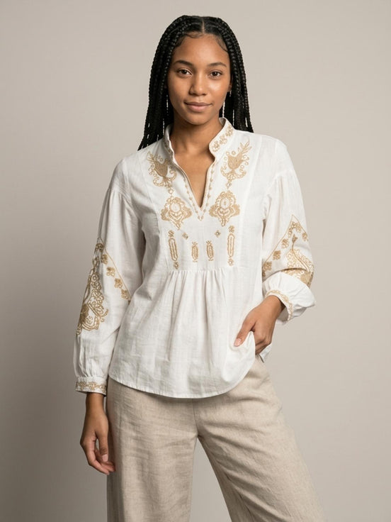 Bohemian and Bordered Cotton Blouse